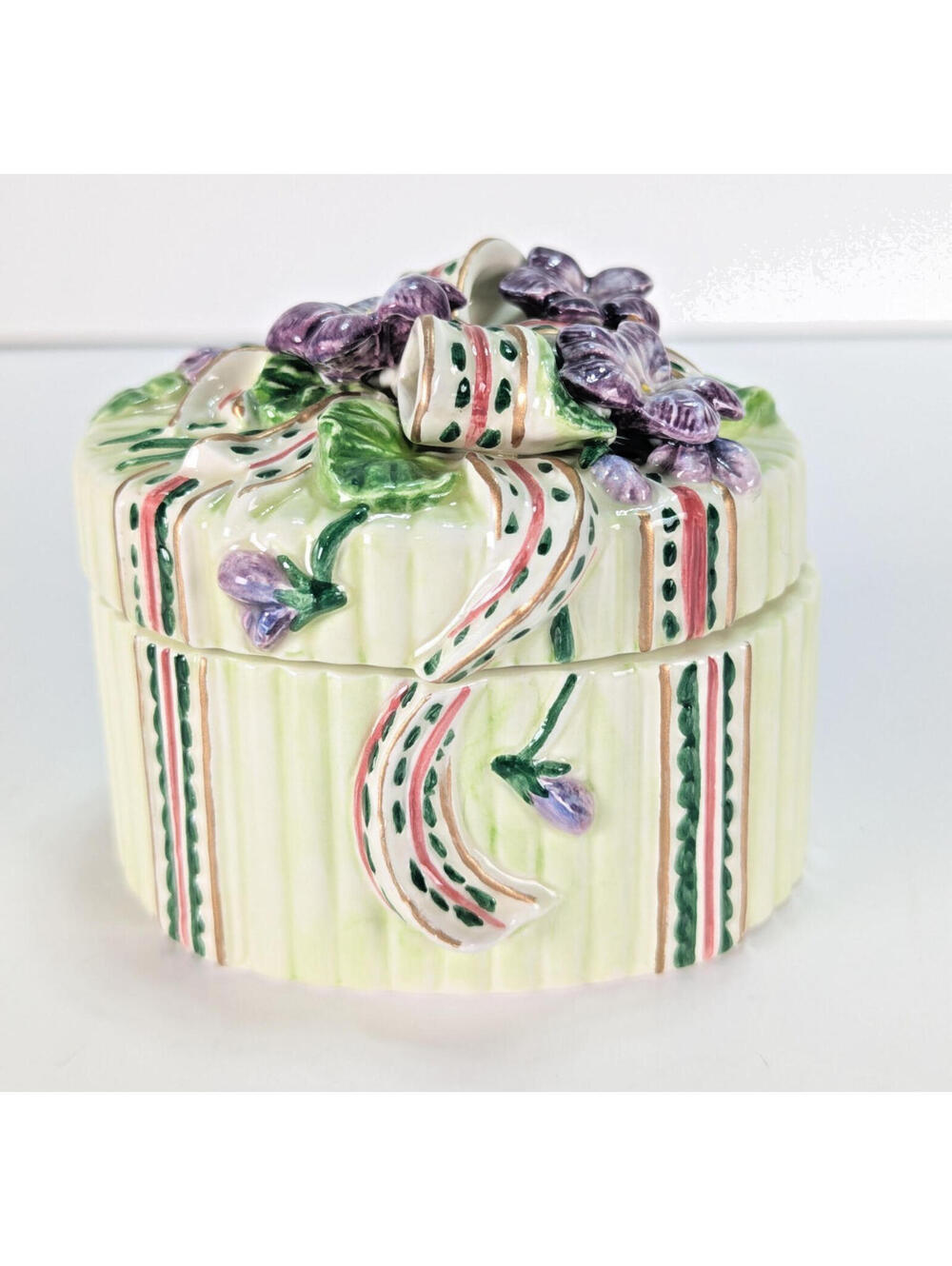 Vintage Fitz & Floyd Porcelain Oval Trinket Gift Box Bow & Purple Violet Flowers